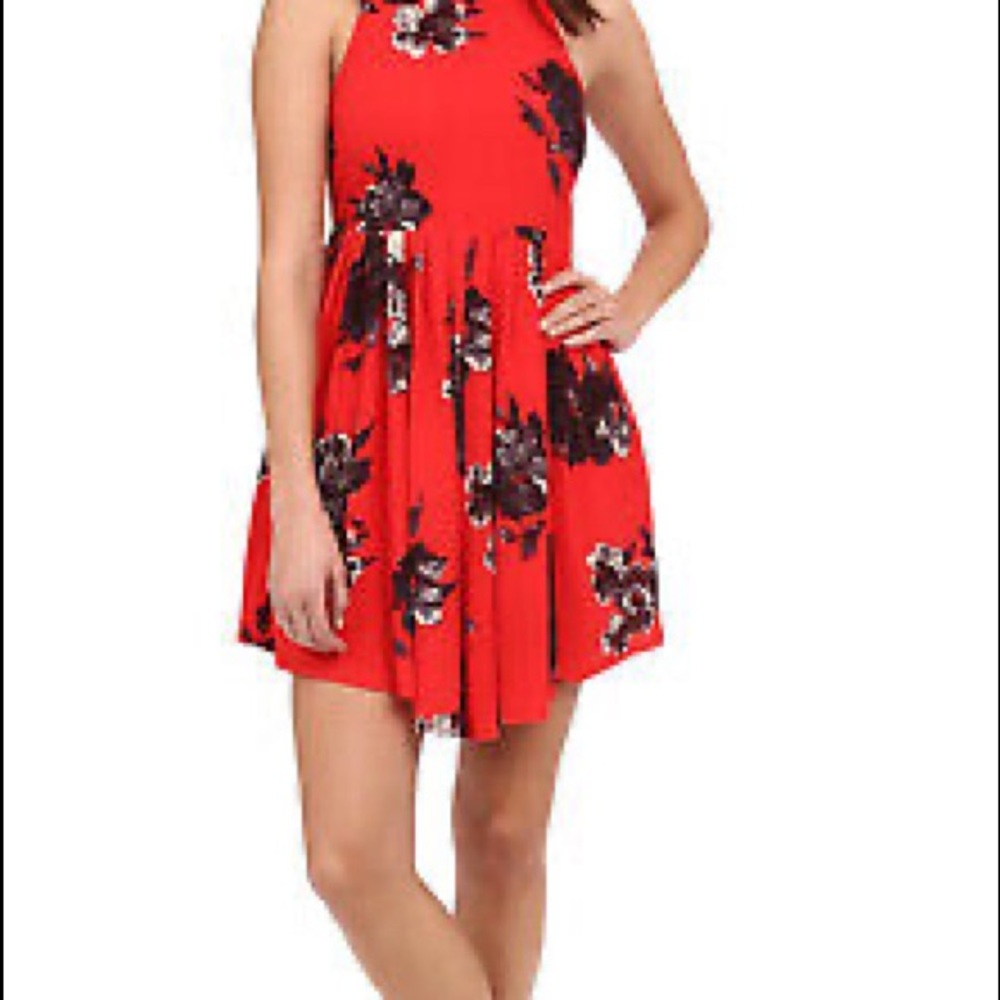 Free People Cloud Combo Floral Flutter Dress Women 0 Pleated OB420184 Red EUC